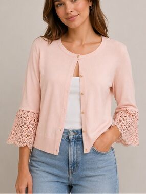 Anne Klein Pink Lace Trim Bell Sleeve Cardigan Women’s Large